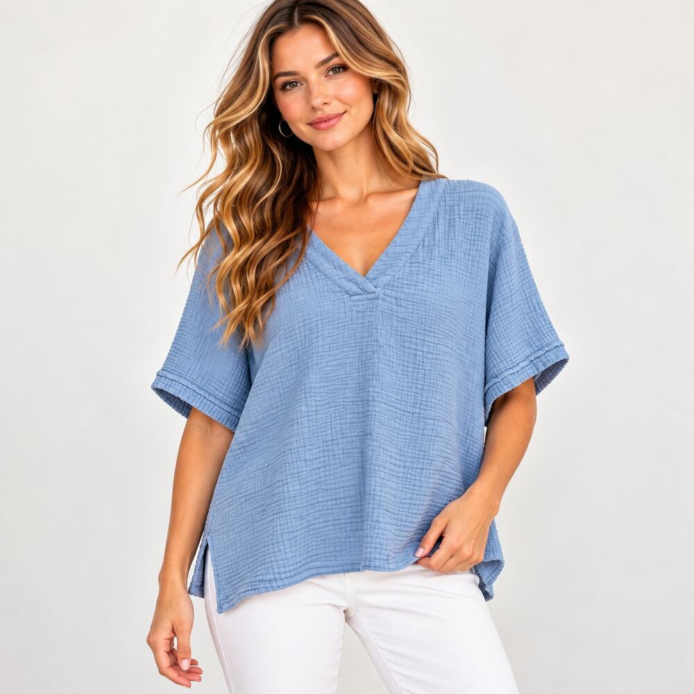 Susan Graver Gauzy Cotton Top Womens Size L Boxy Dusty Blue Coastal Casual Beach